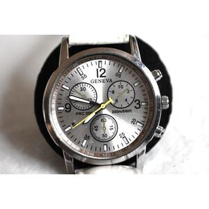 Geneva Analog Silver Tone Yellow Accent Hand White Textured Band Working Watch